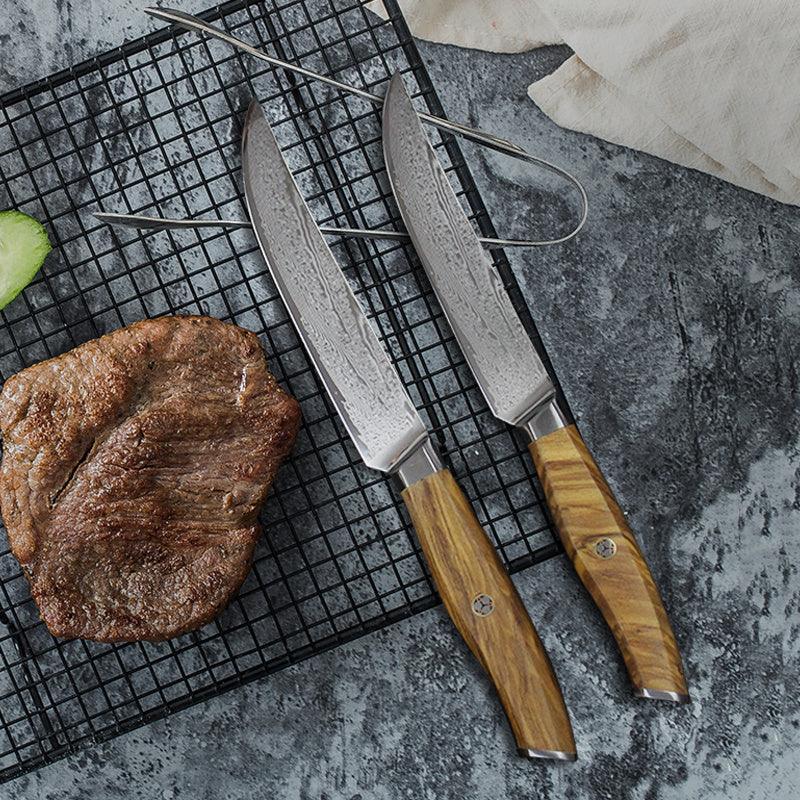 Olive Wood Damascus Steak Knife Set