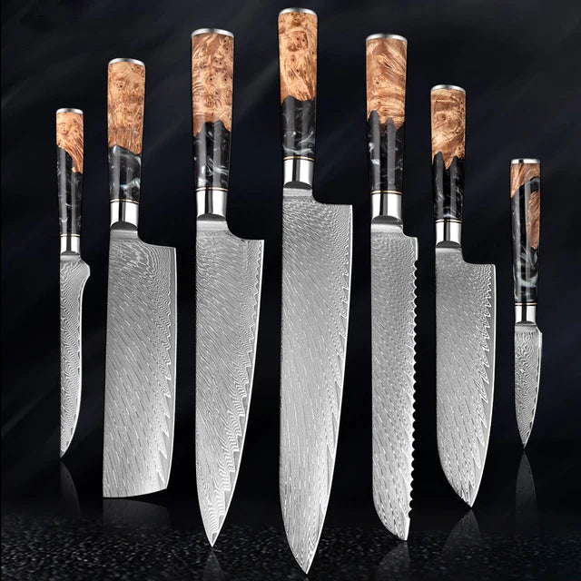 Epoxy Damascus Sharp Knife Set of 7