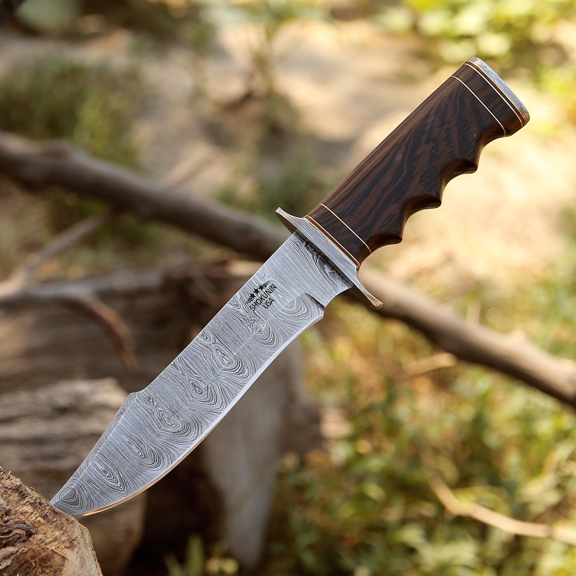 Wenge Wood Handle Damascus Bowie Knife