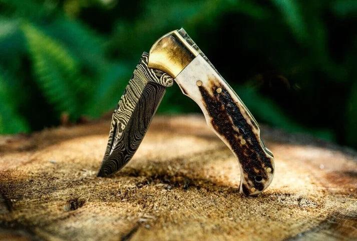 Deer Antler Pocket Damascus Knife