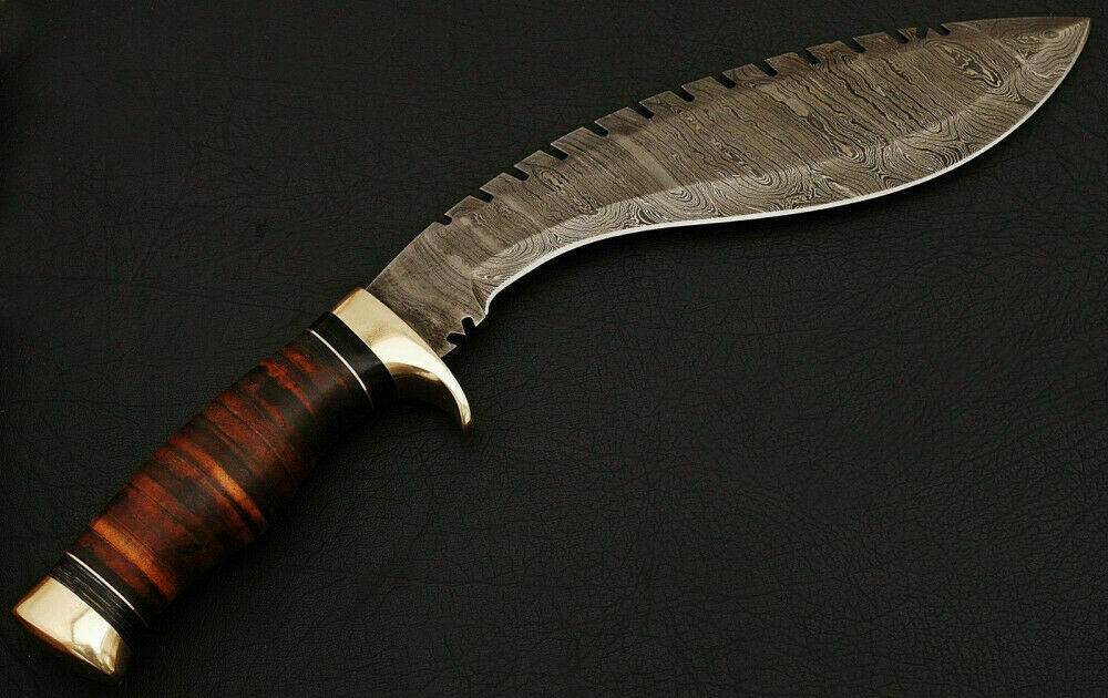 Stacked Leather Damascus Kukri Knife