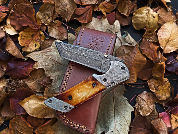 Torched Bone Damascus Pocket Knife