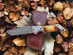 Torched Bone Damascus Pocket Knife