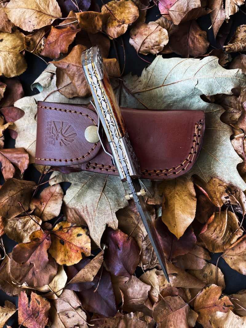 Torched Bone Damascus Pocket Knife