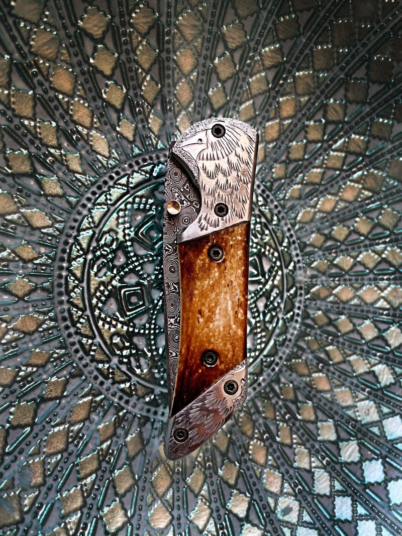 Torched Bone Damascus Pocket Knife