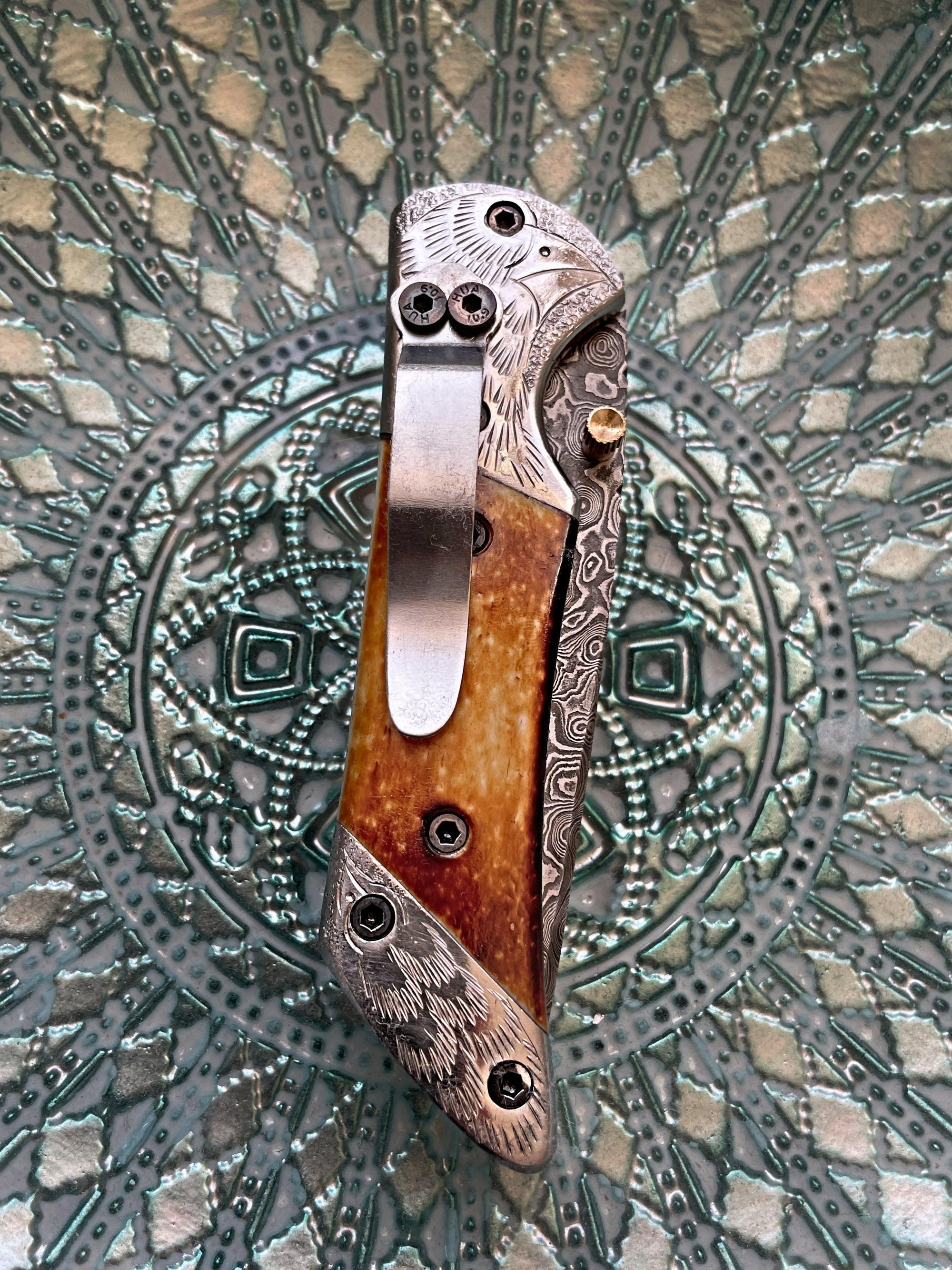 Torched Bone Damascus Pocket Knife