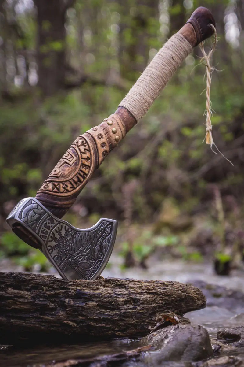 Thor Handle Carved with Viking Runes &amp; Odin’s Helm of Awe Viking Axe | RA-262 