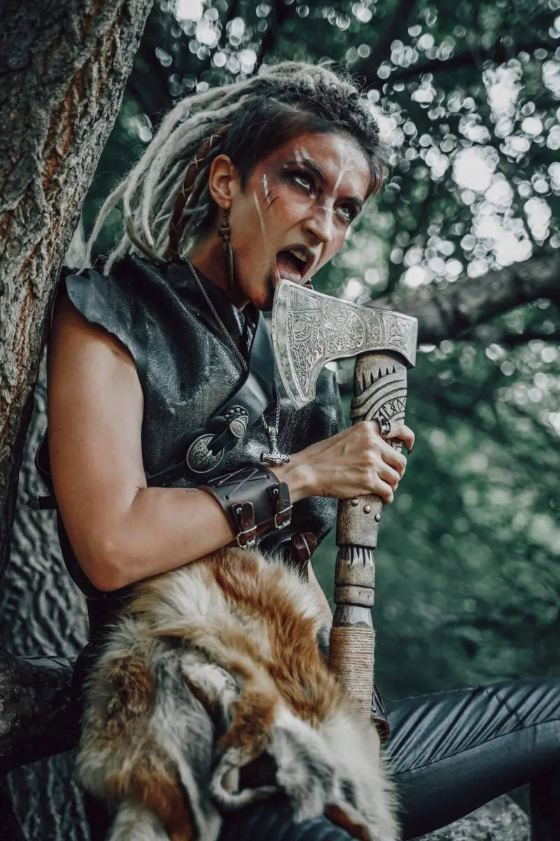 Thor Handle Carved with Viking Runes &amp; Odin’s Helm of Awe Viking Axe | RA-262 