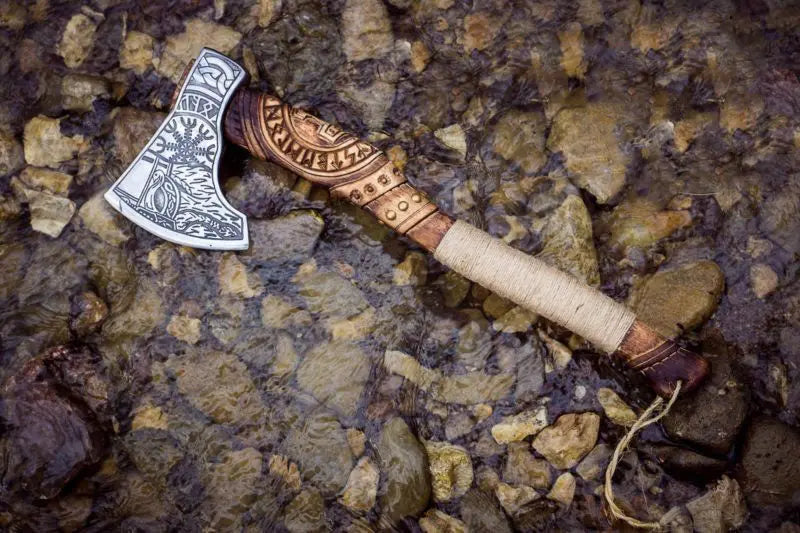 Thor Handle Carved with Viking Runes &amp; Odin’s Helm of Awe Viking Axe | RA-262 
