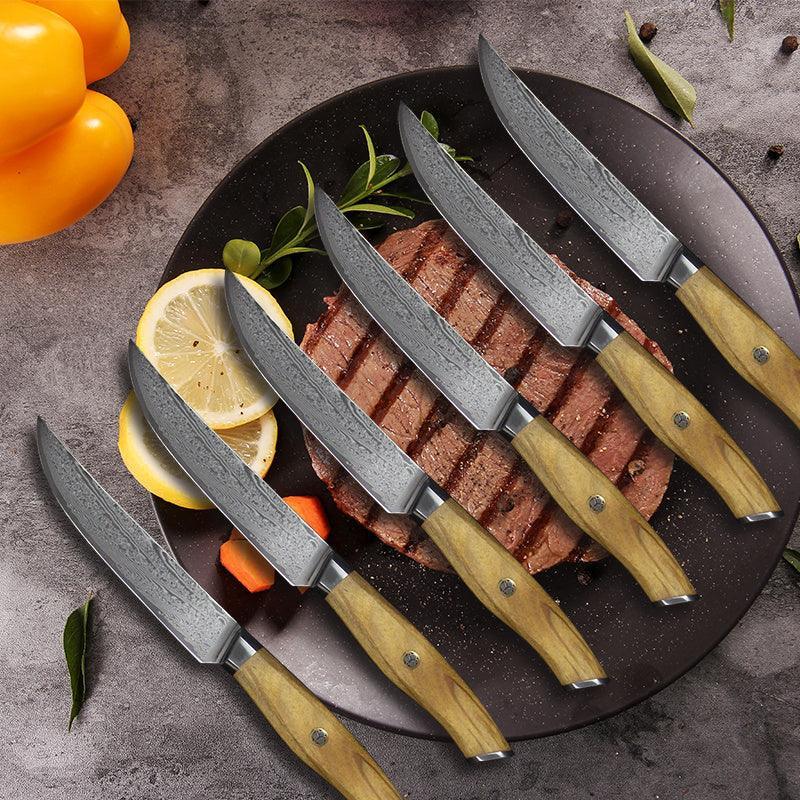 Olive Wood Damascus Steak Knife Set