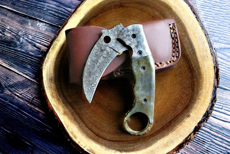 Rain Drop Damascus Folding Karambit Knife