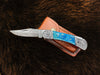 Pocket Knife Dyed Blue Bone 6.5&#39;&#39; Damascus Steel Knife Steel Bolster Back Lock Folding Knife