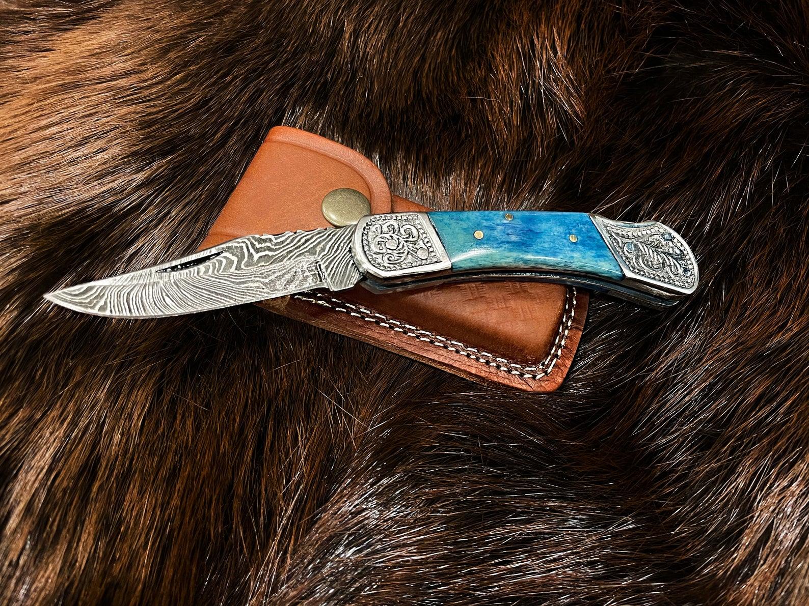 Pocket Knife Dyed Blue Bone 6.5&#39;&#39; Damascus Steel Knife Steel Bolster Back Lock Folding Knife