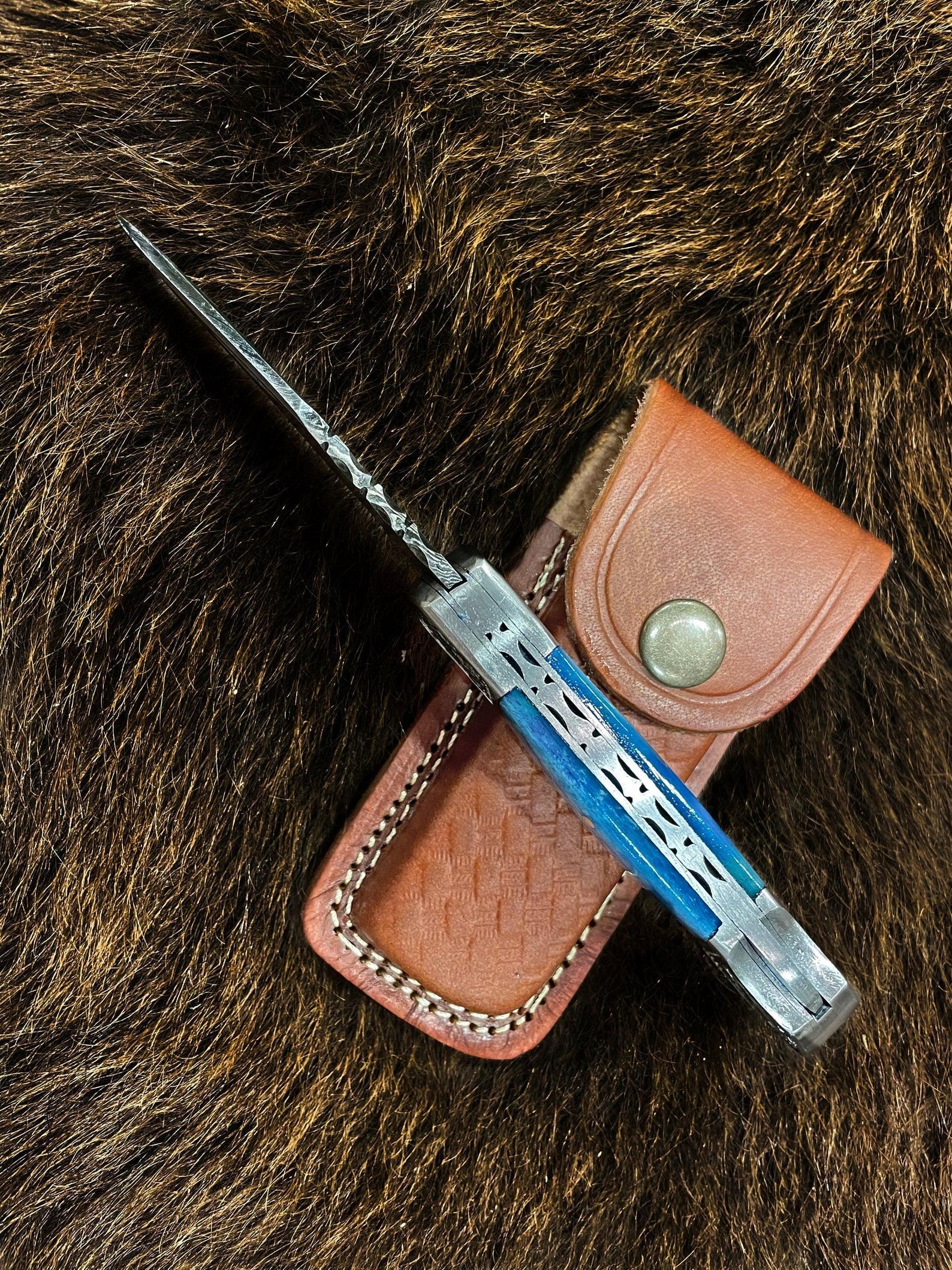 Pocket Knife Dyed Blue Bone 6.5&#39;&#39; Damascus Steel Knife Steel Bolster Back Lock Folding Knife