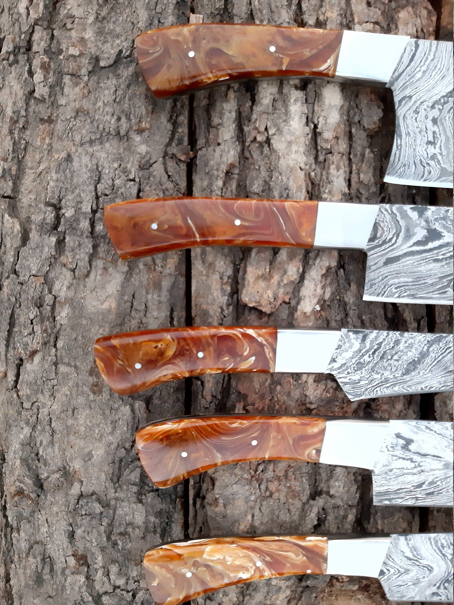 Damascus Kitchen Knife Set – Resin Brown Handle
