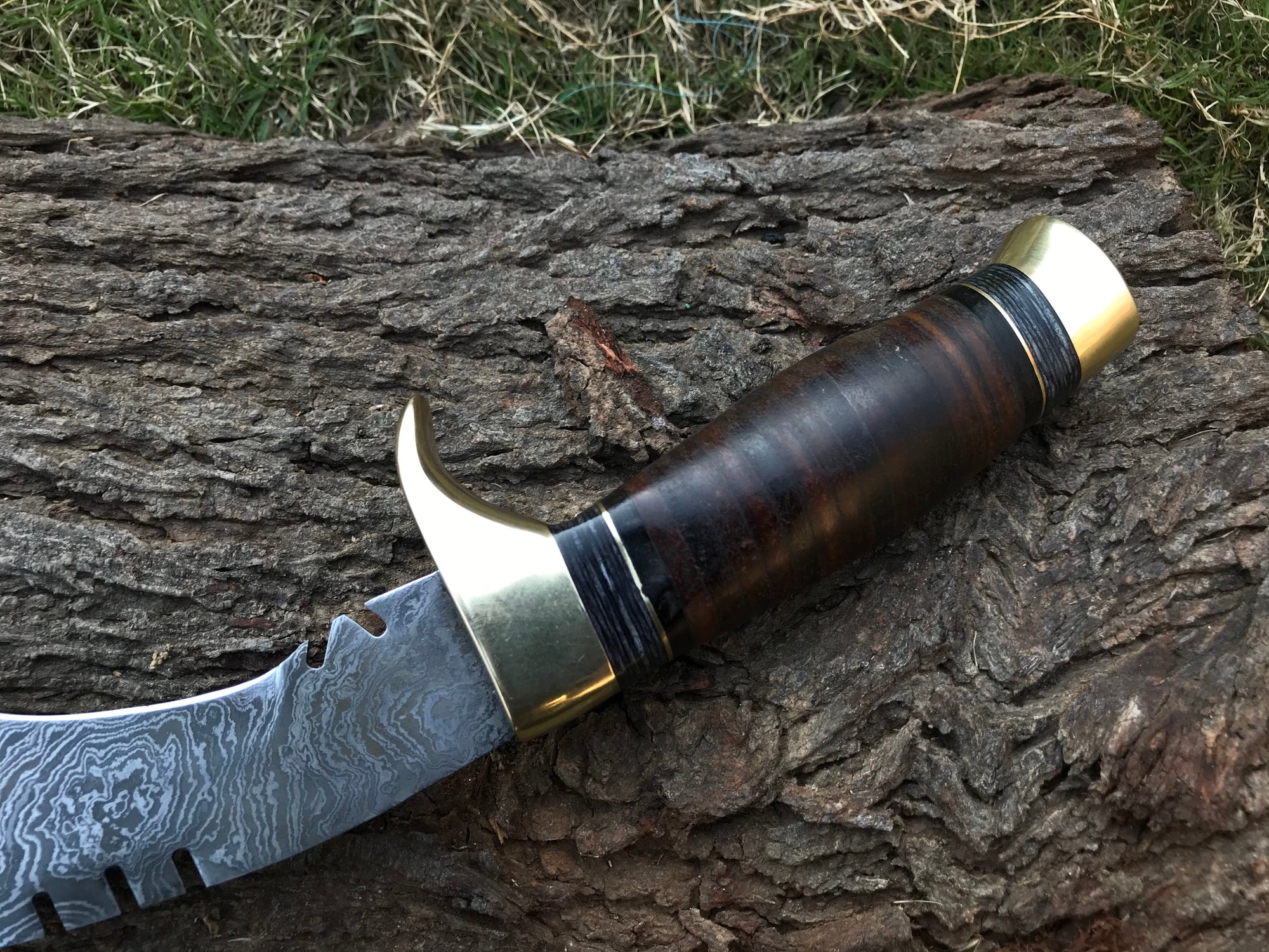 Stacked Leather Damascus Kukri Knife