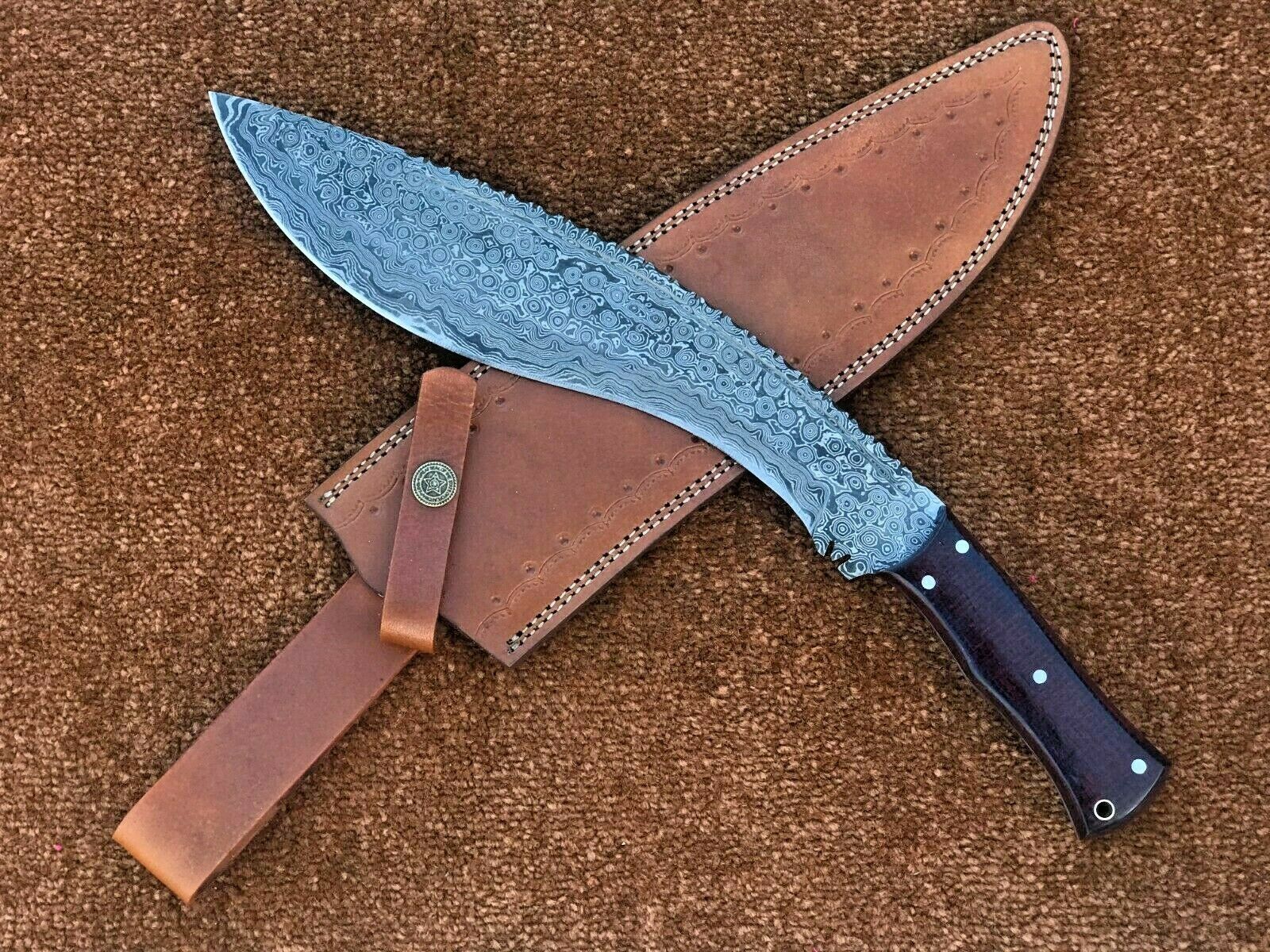 Micarta Damascus Kukri Knife With Leather Sheath