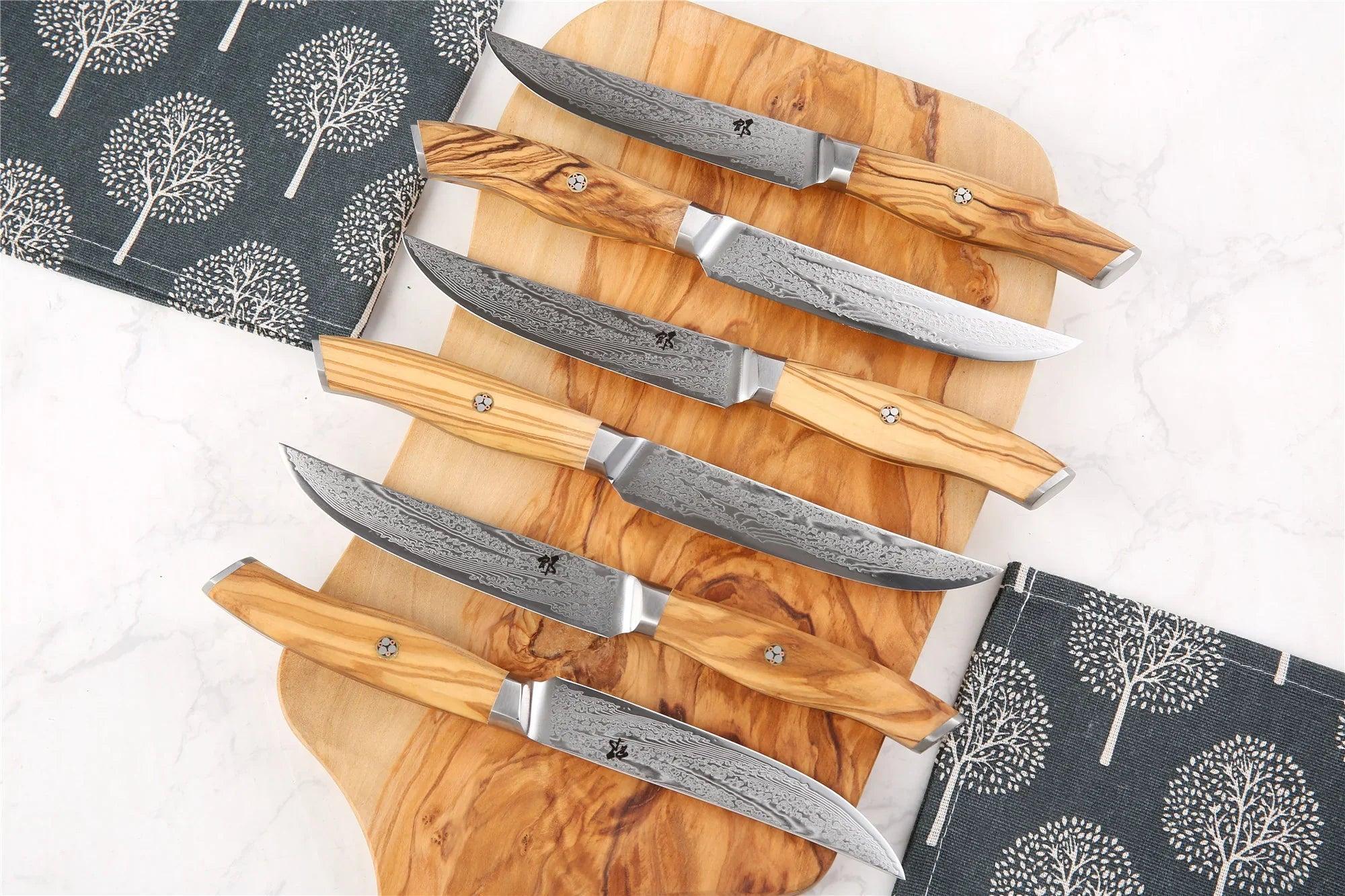 Olive Damascus Steel Steak Knife Set