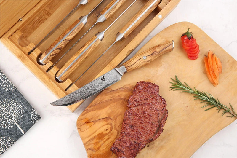 Olive Damascus Steel Steak Knife Set