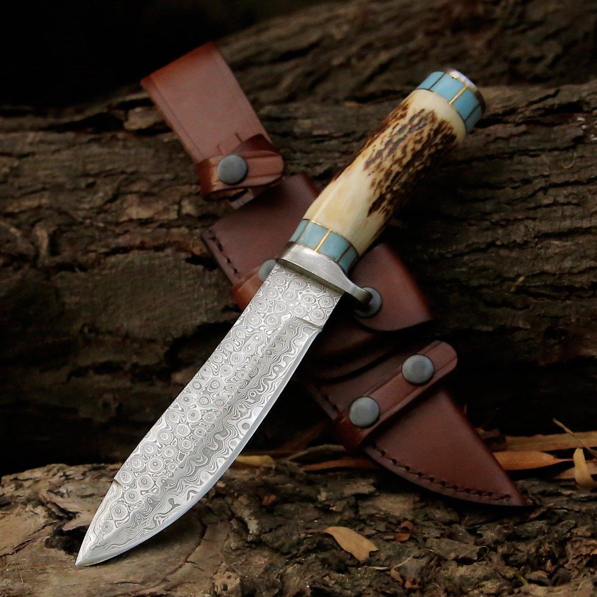 Turquoise Antler Damascus Bowie