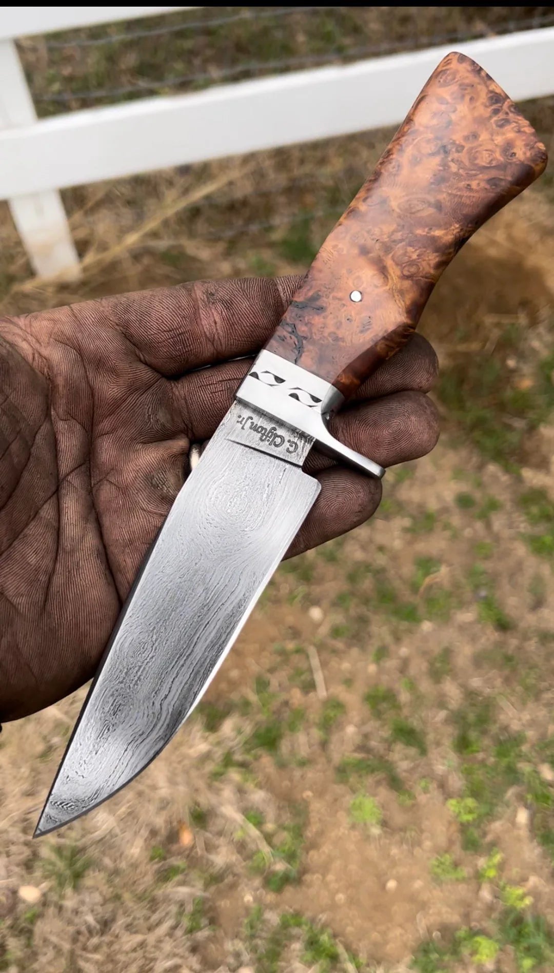 Outdoorsmen Engraved Damascus Knife